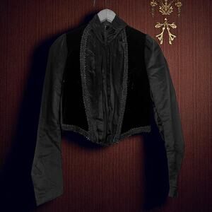 Antique Velvet Silk Bodice Jacket Beaded Boning 1800s Victorian Black